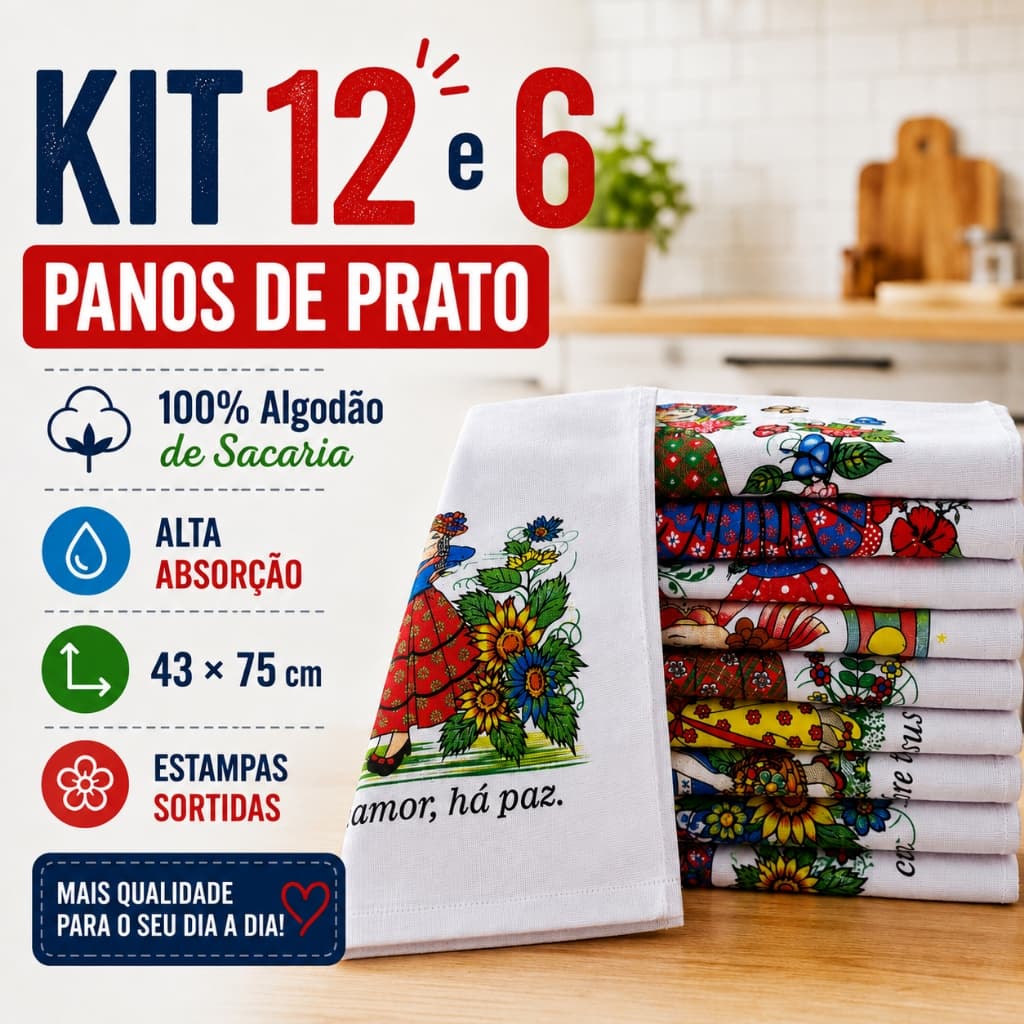 Kit Pano de Prato Decorado 100% Algodão Sacaria 43x75 6 ou 12
