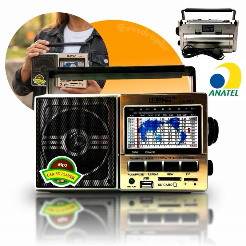 Rádio Retrô Portátil Lelong LE-604 AM FM USB SD Recarregável Bivolt