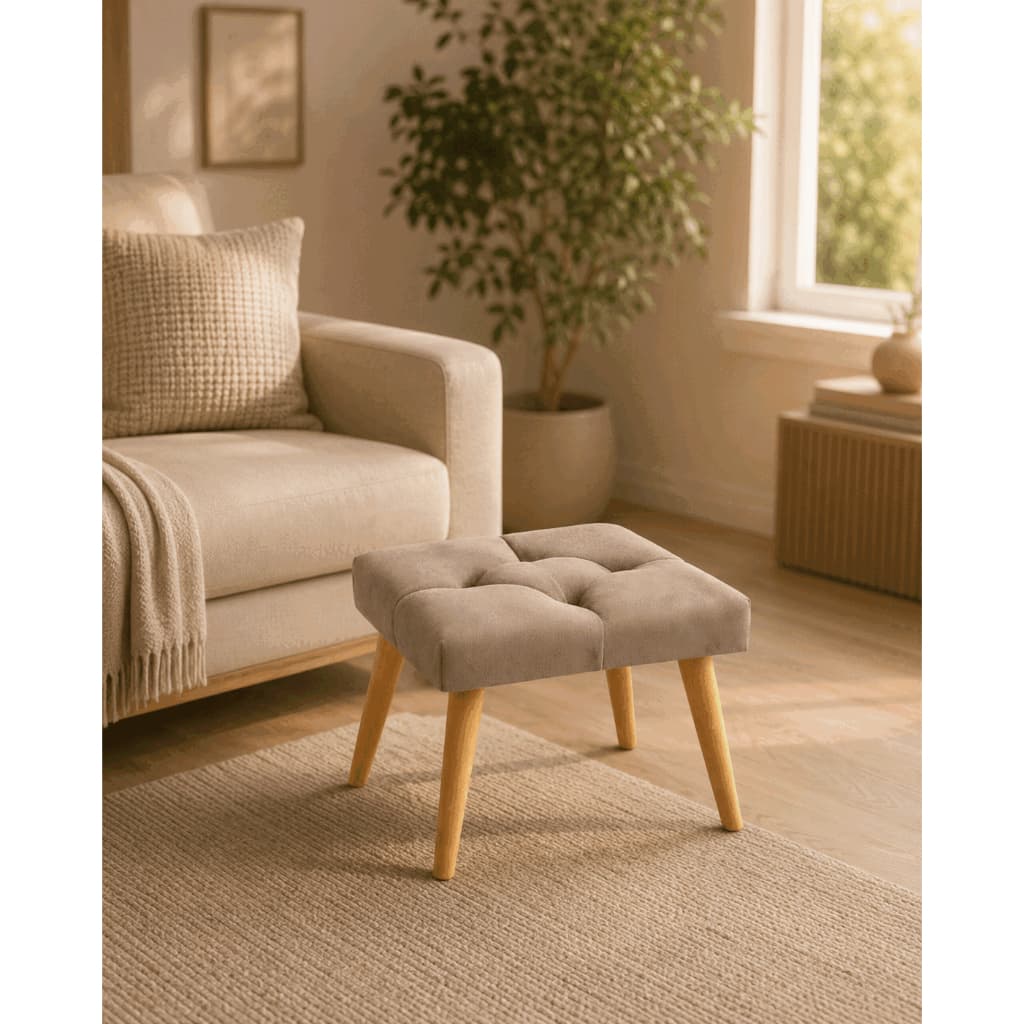Banqueta Luxo Estofada Suede Bege Capitonê Pés Madeira Sala e Quarto