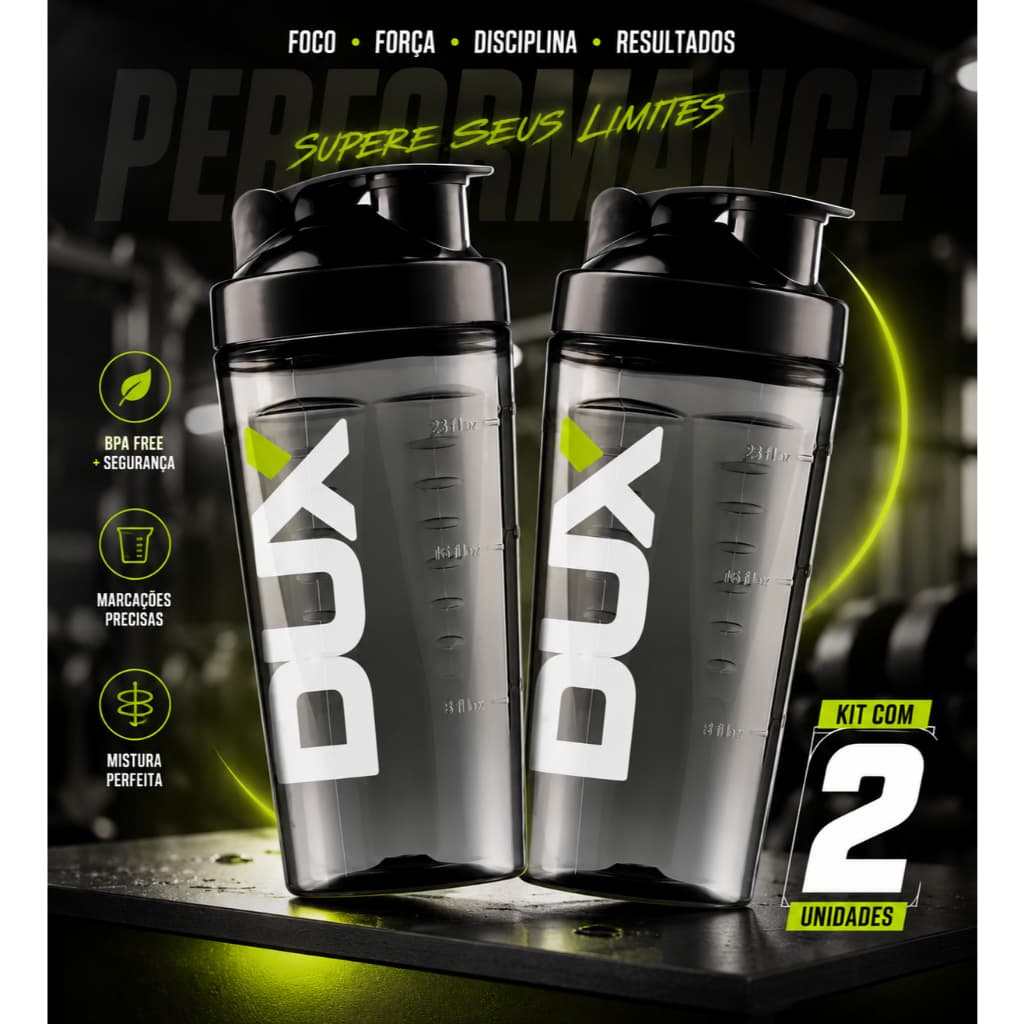 Kit 2 Coqueteleiras 800ml DUX com Tampa e Medidor para Academia Whey Proteína Creatina Fitness Treino Preta