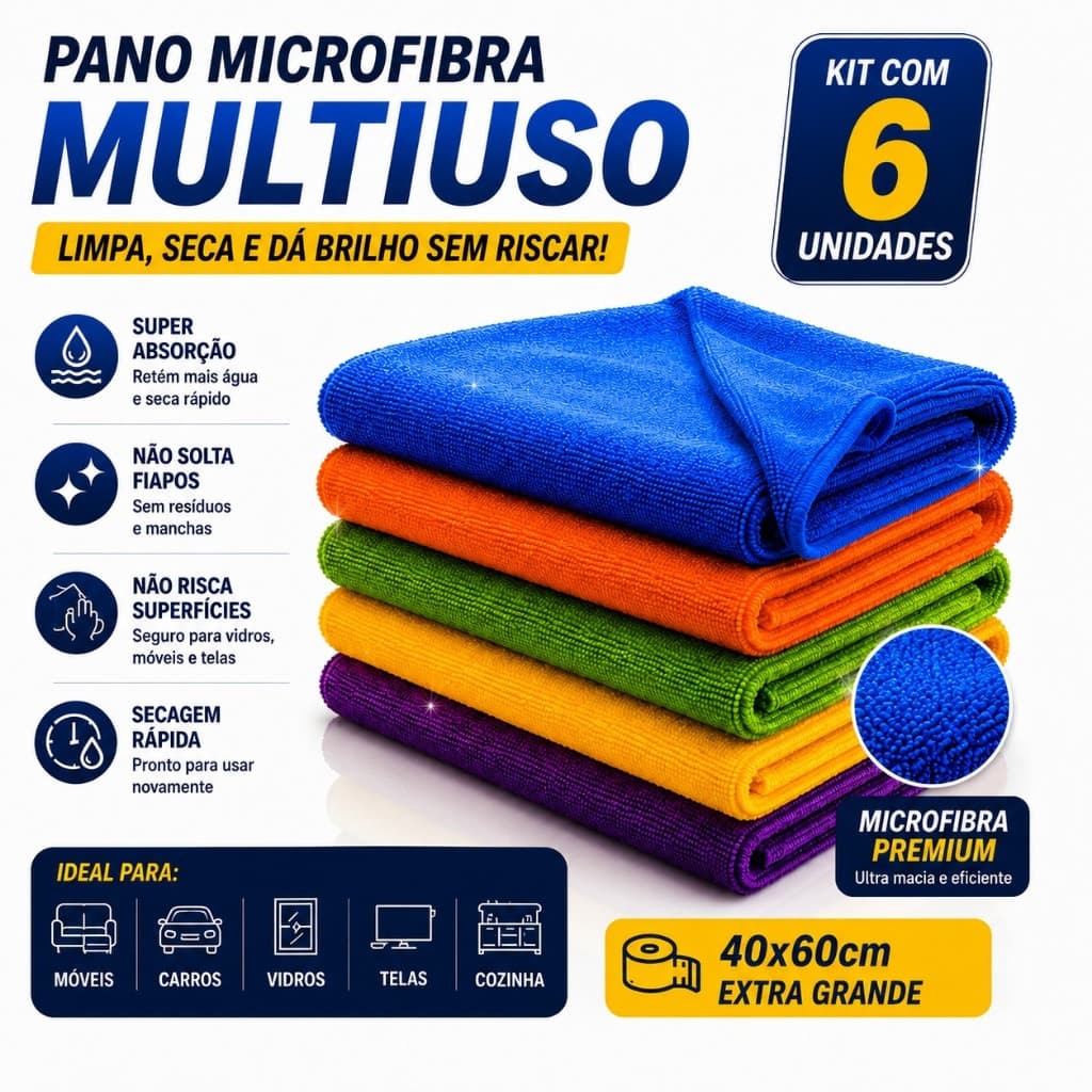 Kit C/ 6 - Pano De Chão Microfibra Gigante 60x40cm - Neves - Multiuso - Limpeza Geral - Multicores