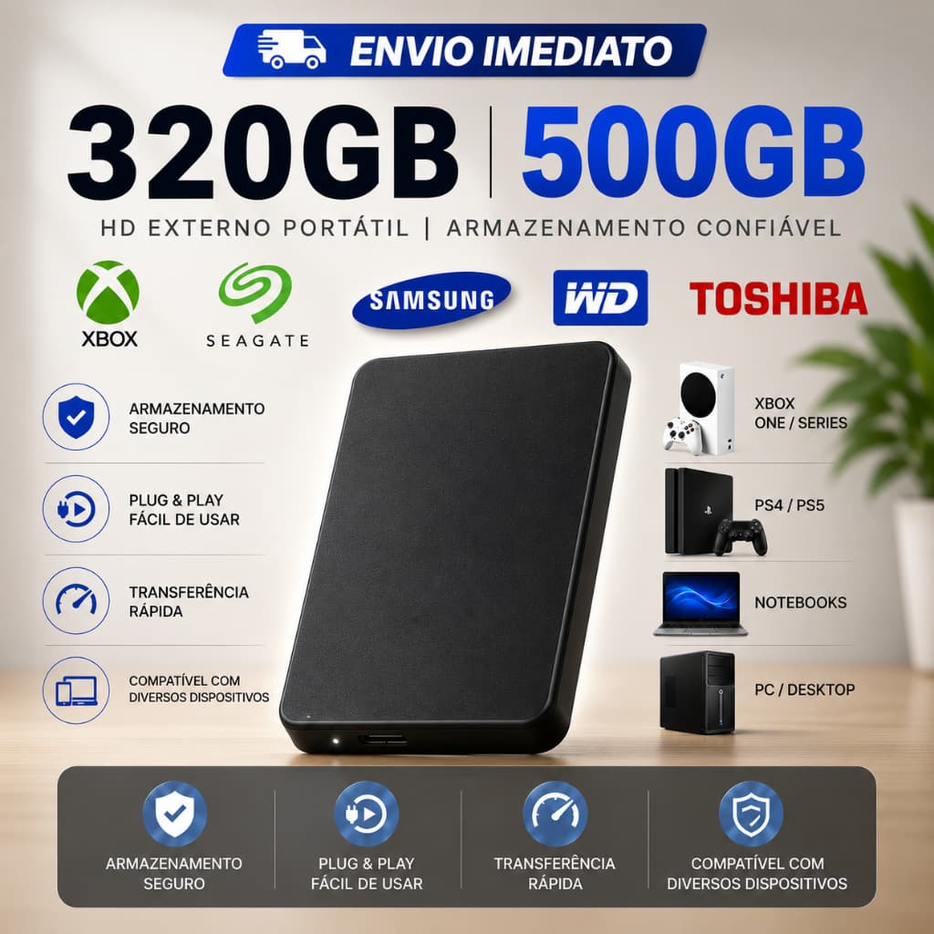 HD Externo Portátil 320GB 500GB USB 3.0 Slim Para Notebook PC Mac PS4 PS5 Xbox Seagate WD Samsung Toshiba