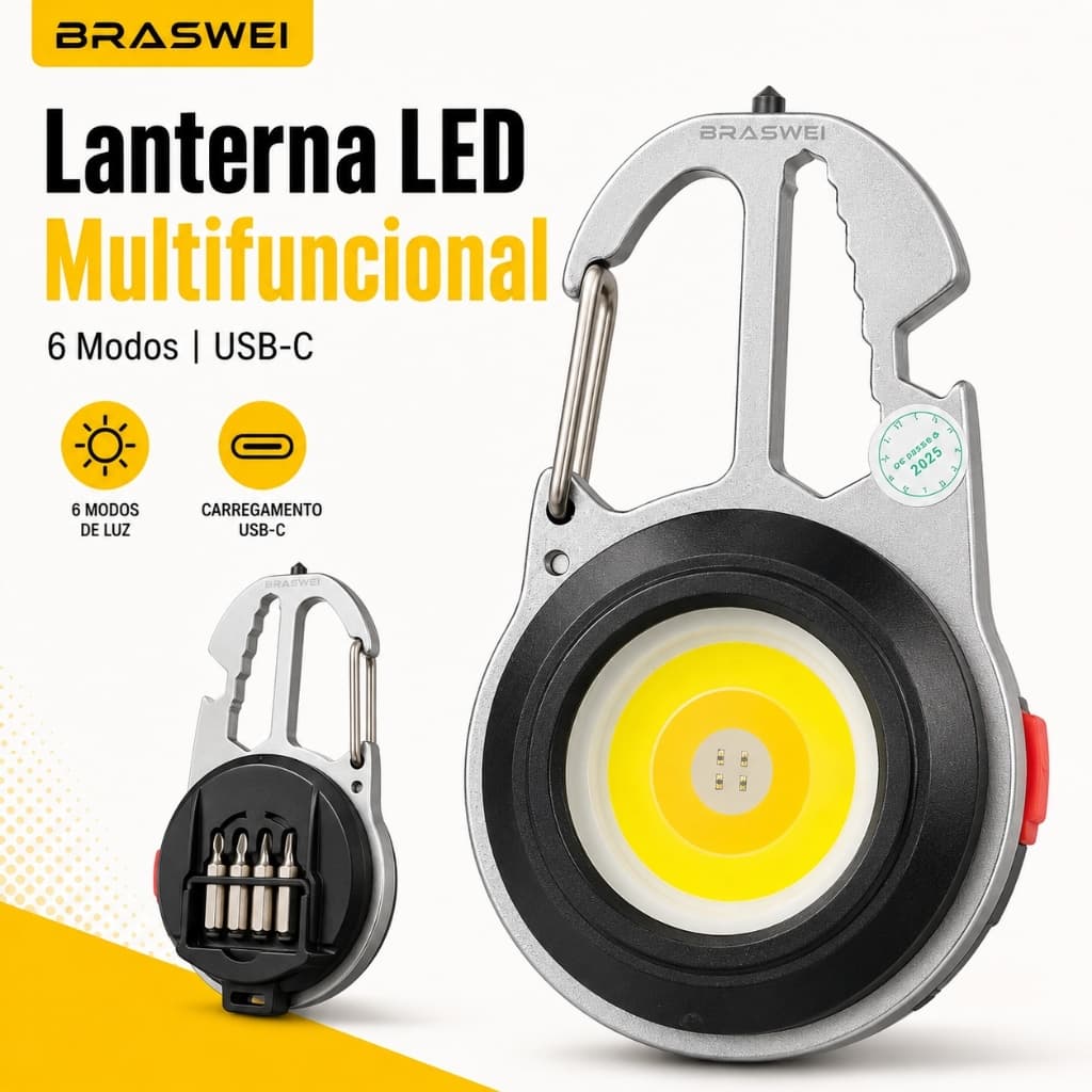 Mini Lanterna LED COB Recarregável USB-C 6 Modos Chaveiro Multifuncional com Abridor Chave 7 em 1 BRASWEI BW6463
