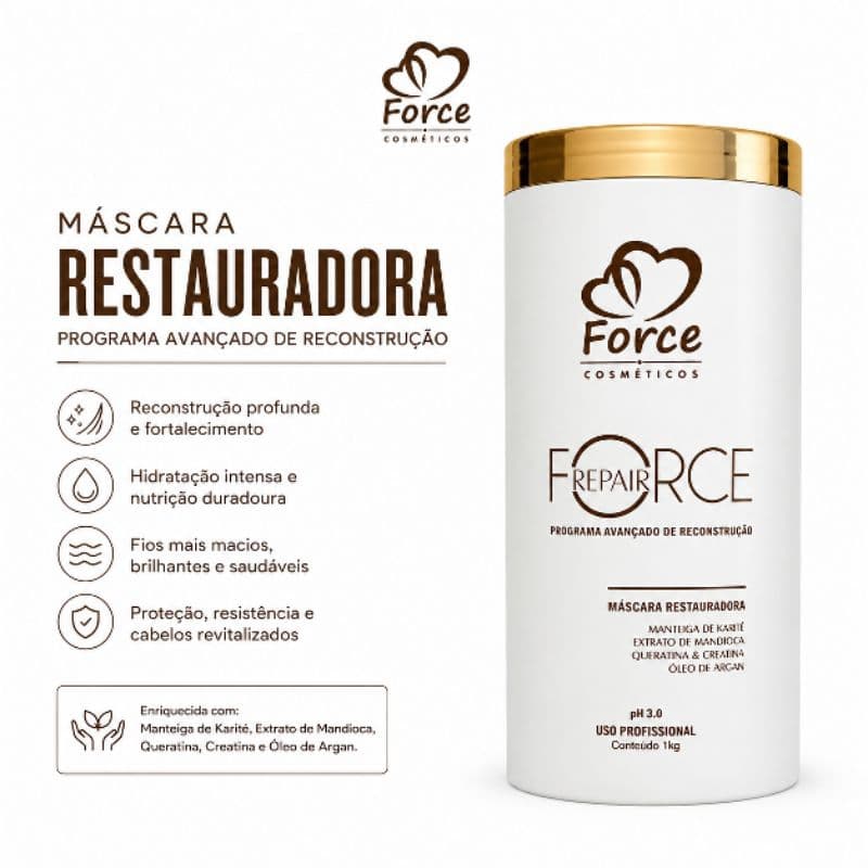Máscara Restauradora Force Cosméticos Repair Force – 1kg | Reconstrução Capilar Profissional
