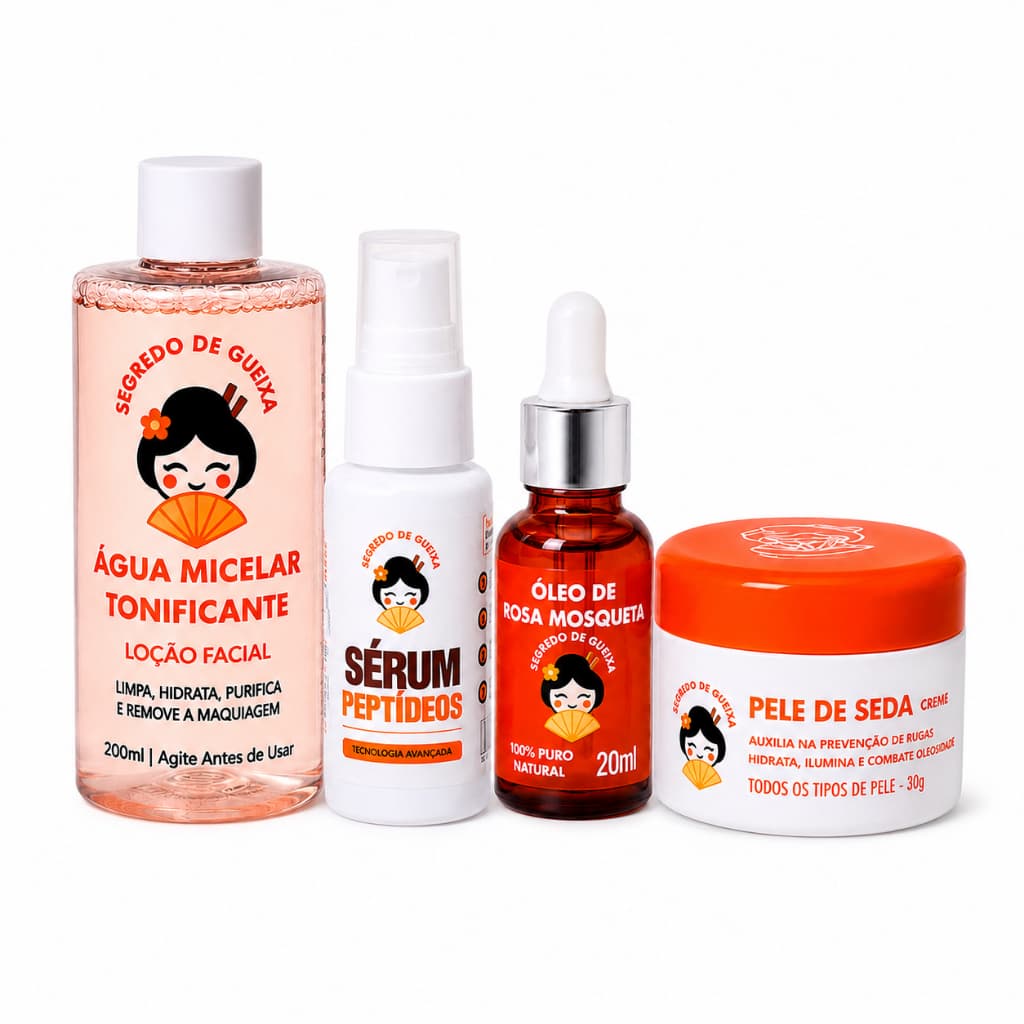 Kit Pele Ressecada Óleo de Rosa Mosqueta Creme Clareador Sérum Colágeno Água Micelar
