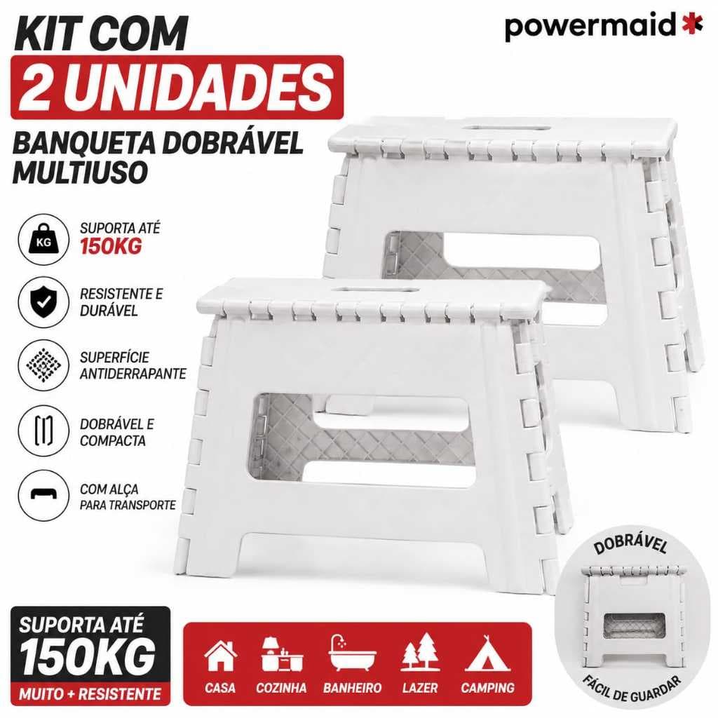 2 Banquetas Dobráveis Multiuso Com Alça Suporta Até 150kg Cada