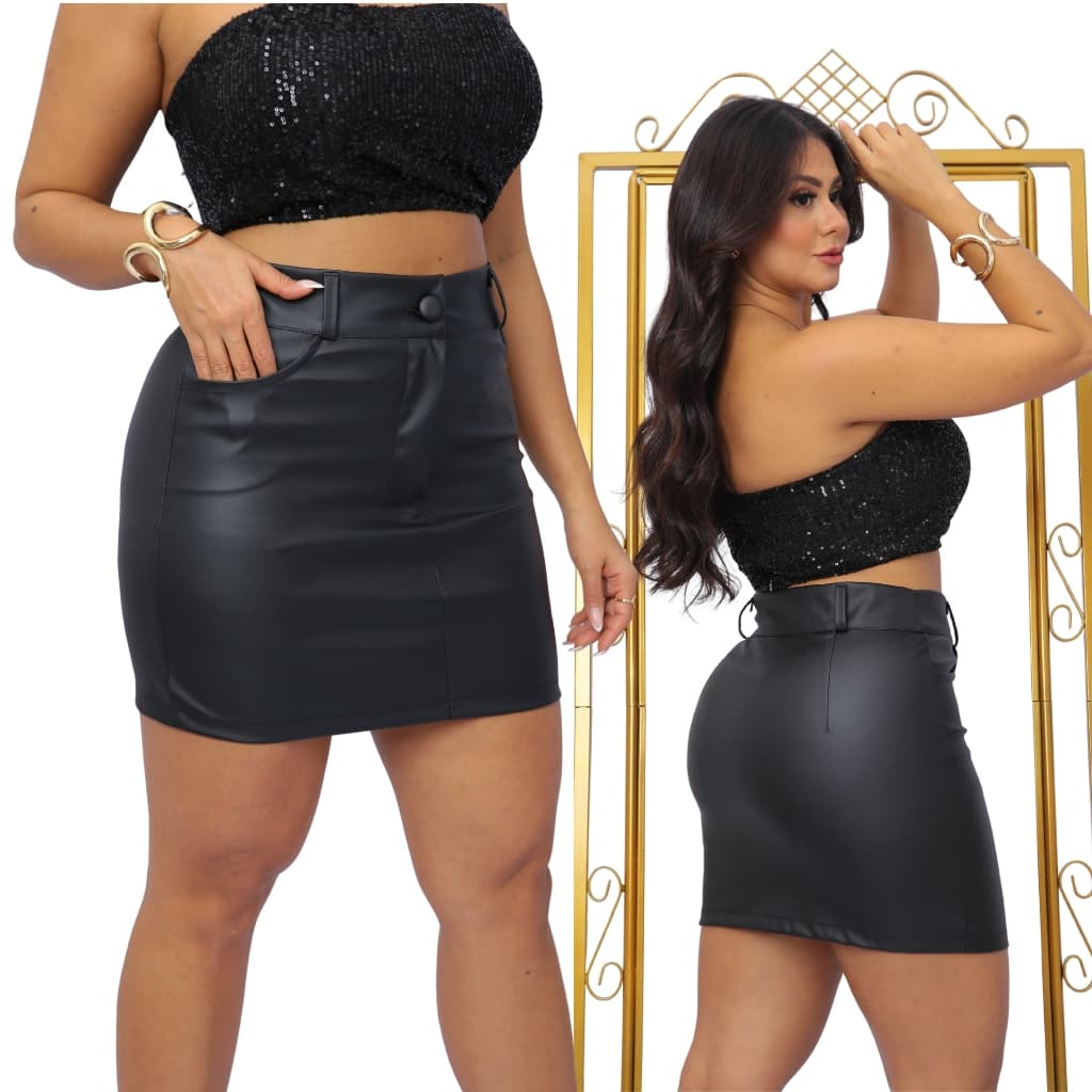 Saia Feminina com bolso saia couro sintetico Cintura Alta saia moda 2026