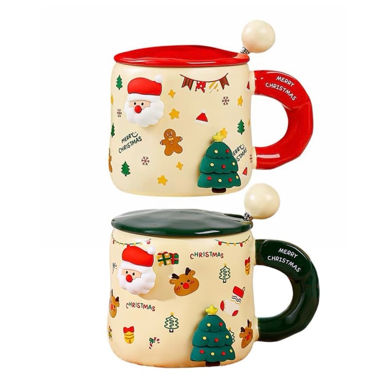 CANECA NATALINA CERÂMICA 450ML COM TAMPA COLHER E ÍMÃS PAPAI NOEL ÁRVORE DE NATAL DECORATIVA