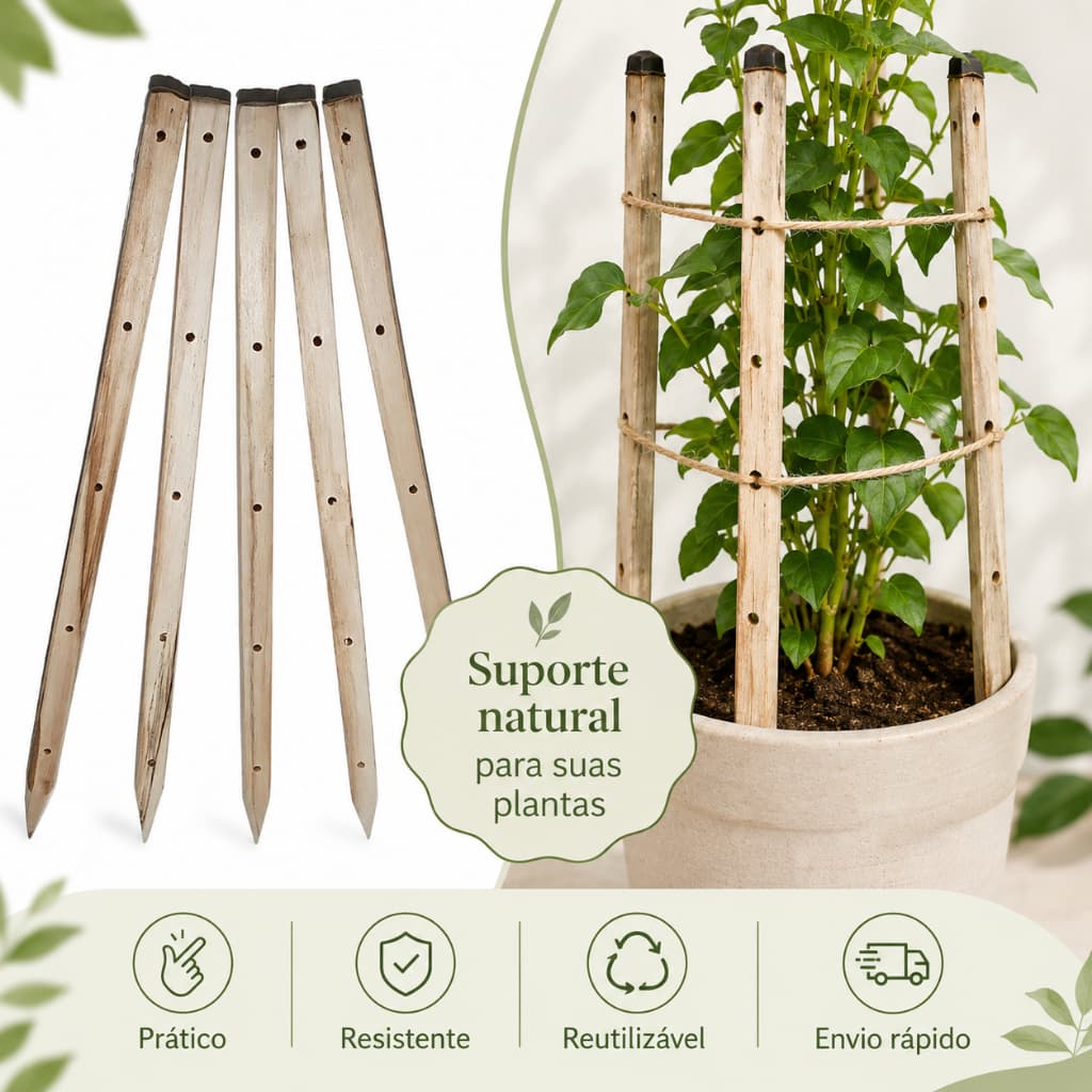 Tutor Estaca de Madeira para Plantas Haste Guia Suporte para Vasos Horta Jardim com Furos para Barbante