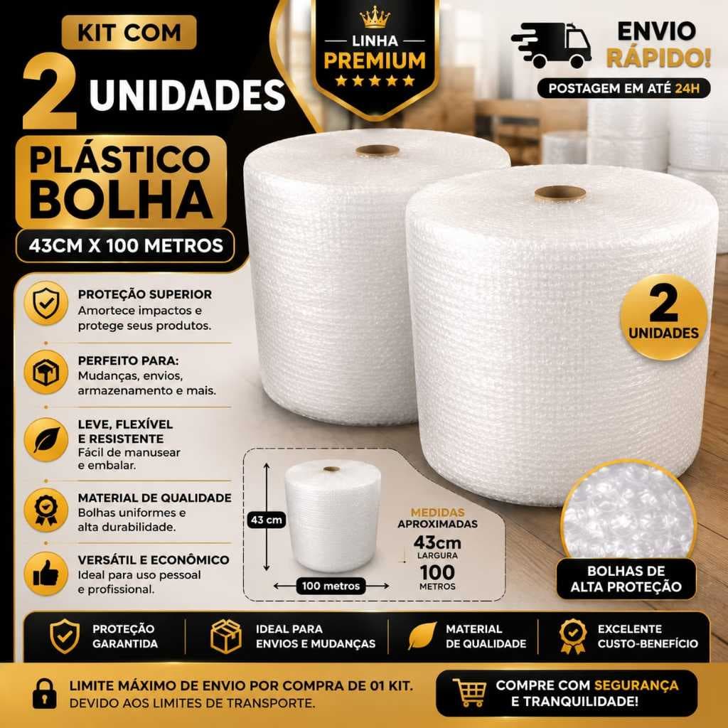Plástico Bolha Premium 43cm x 100 Metros | Alta Proteção para Encomendas e Mudanças - ENVIO RÁPIDO