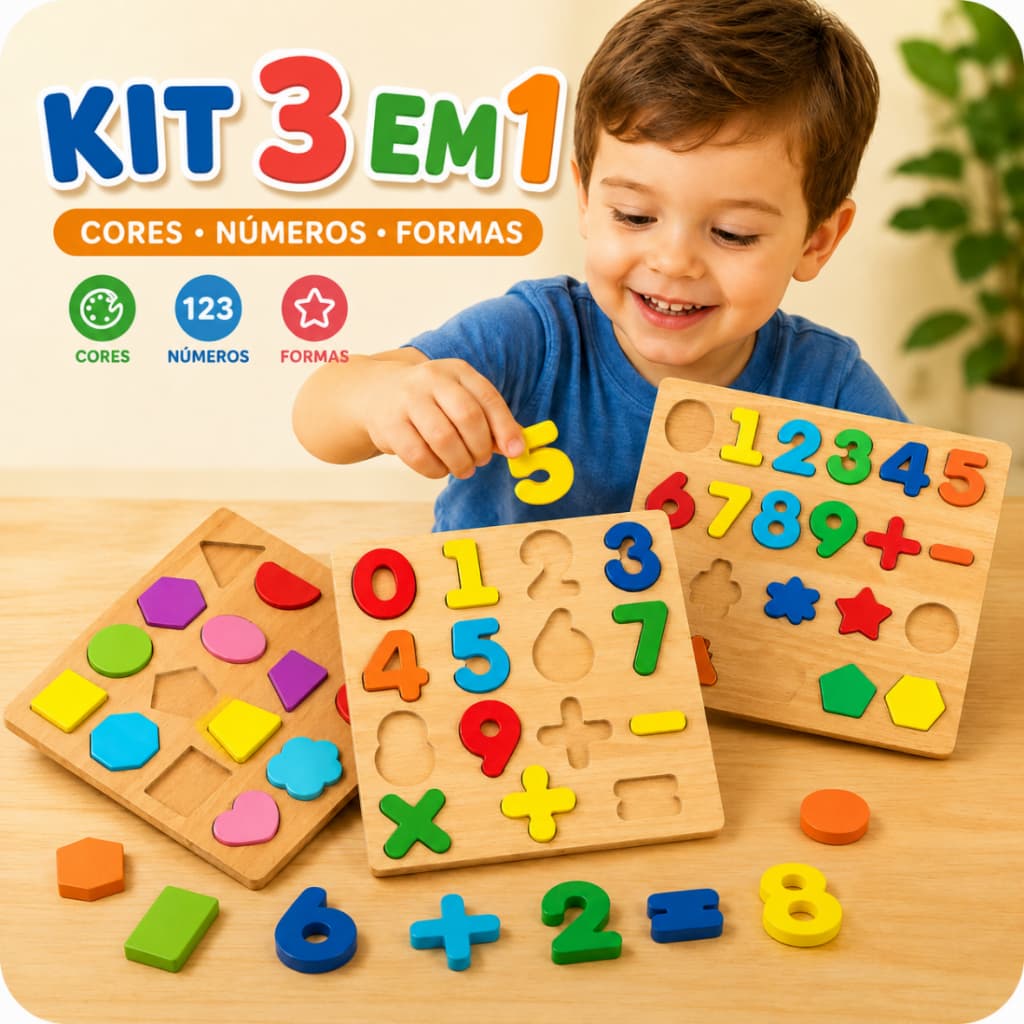 Quebra-cabeça de madeira 3 em 1 com alfabeto, números e formas, brinquedo educacional e interativo para pais e crianças
