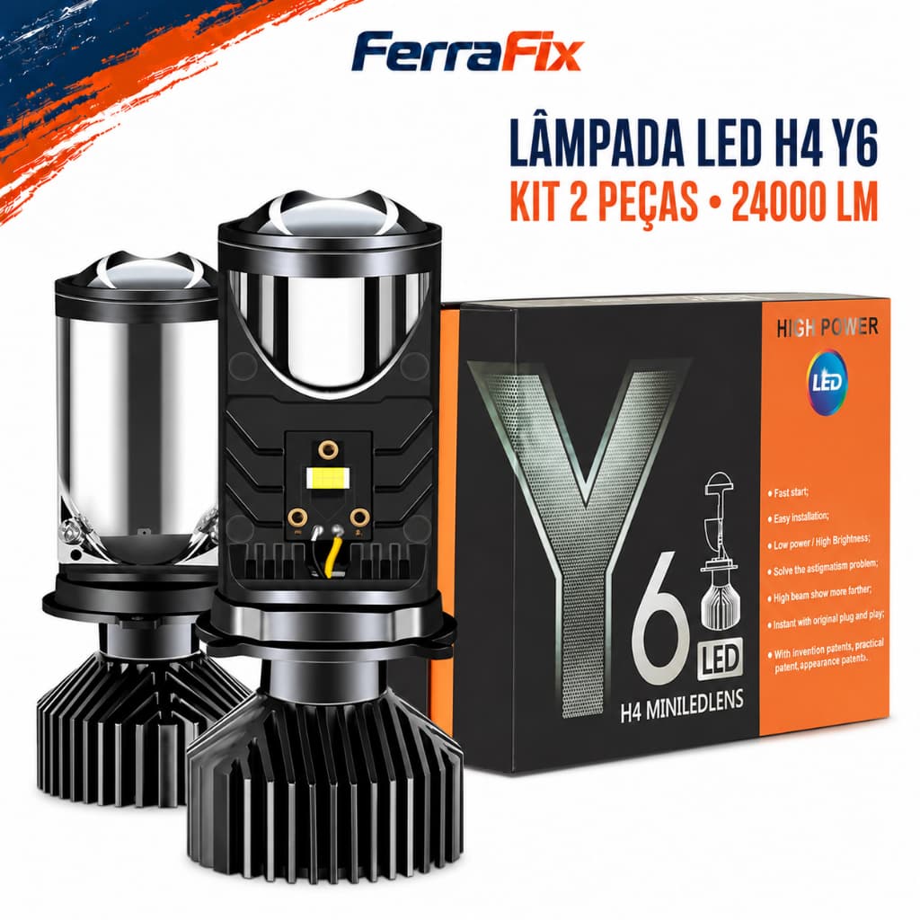 Kit LED H4 24000LM Mini Projetor Automotivo, Lâmpada de Farol Alto e Baixo para Carro com Lente