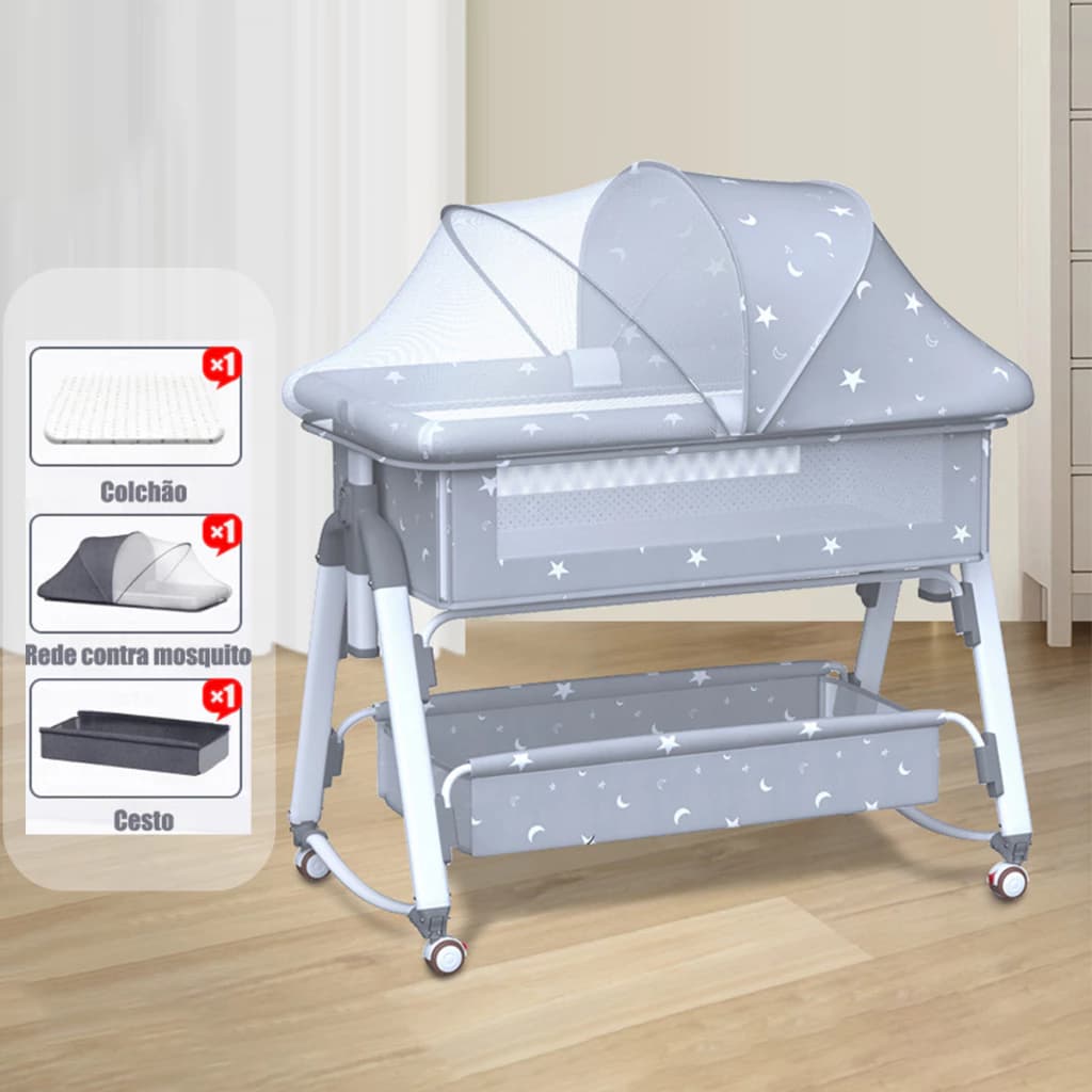 Berço Portátil Moises Co-bed Com Balanço Mosquiteiro e Cesto Cinza -P18