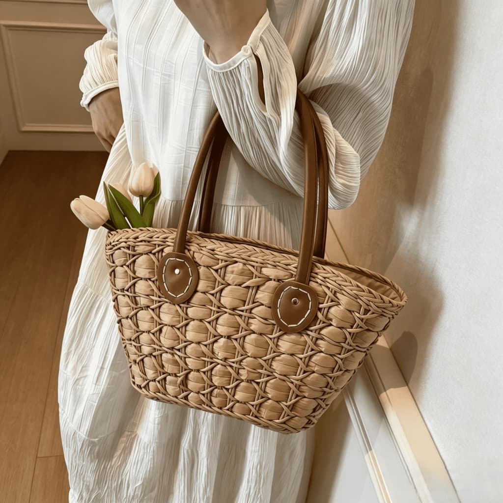 Bolsa de palha de grande capacidade para férias casuais praia portátil nova moda bolsa ombro tecida bolsa de palha praia