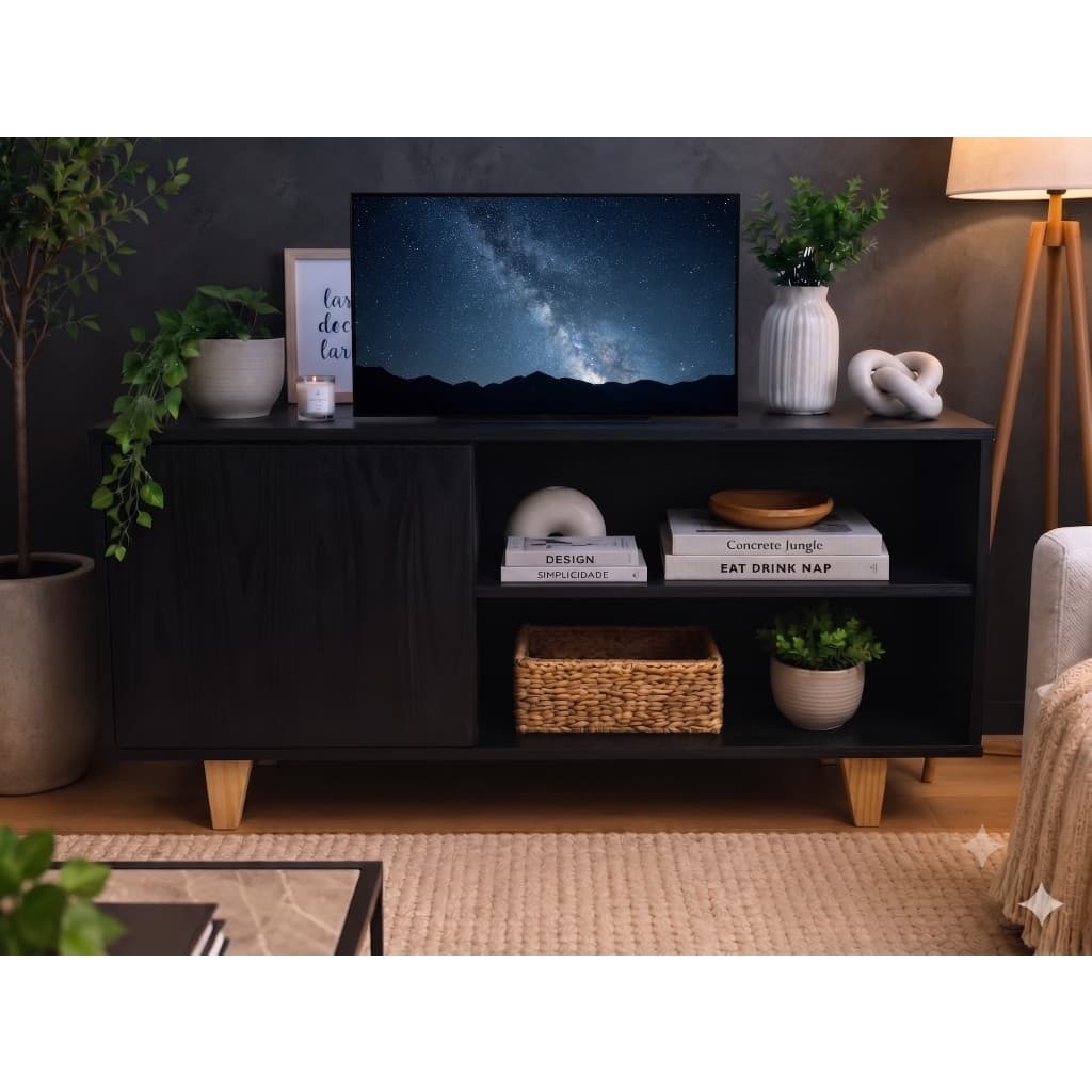 Lançamento Promoção Rack Para TV Até 43 Polegadas Fox Com Pés Em Madeira Maciça 1 Porta 2 Nichos