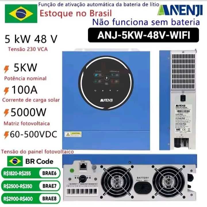 ANENJI 5KW 48V MPPT Onda Senoidal Pura 230V com Luz RGB, Conexão à Rede, Carregador Solar 100A com WIFI,