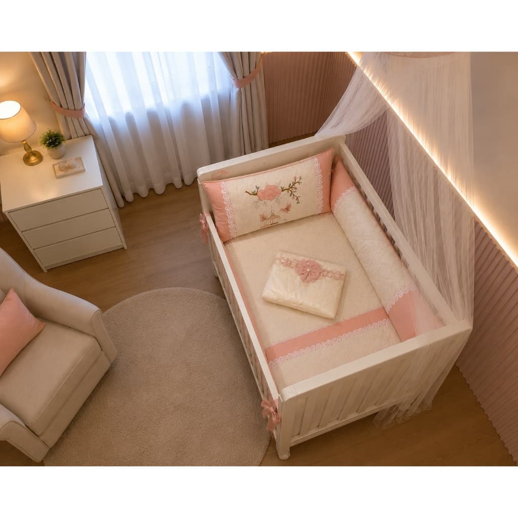 Kit Berço Americano Lateral Menina Encanto Paris 9 Peças Rose com Linho