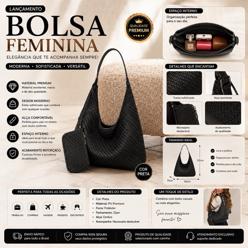 Bolsa Feminina Trançada Grande com Necessaire | Bolsa de Ombro Elegante em PU Premium  08067