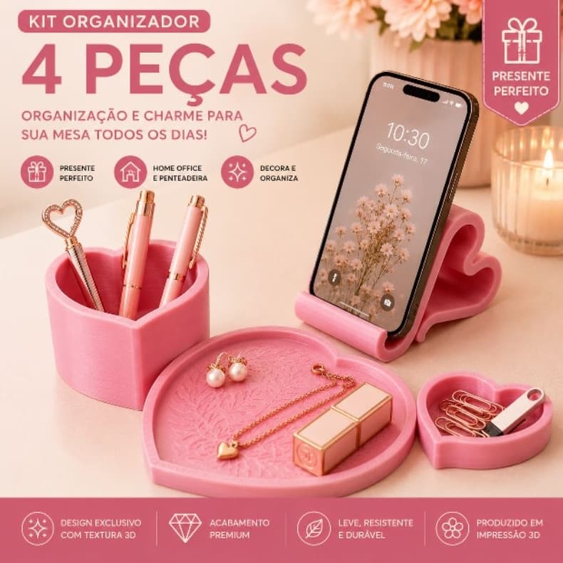 Kit Organizador Feminino para Penteadeira 4 peças Porta-canetas Suporte para Celular Bandeja Porta-Clips Presente