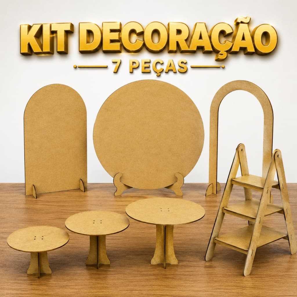 Kit Decoração Festa 7 Peças MDF Trio Boleiras Painel Redondo Romano Escada Provençal Mesa Aniversário Batizado Casamento