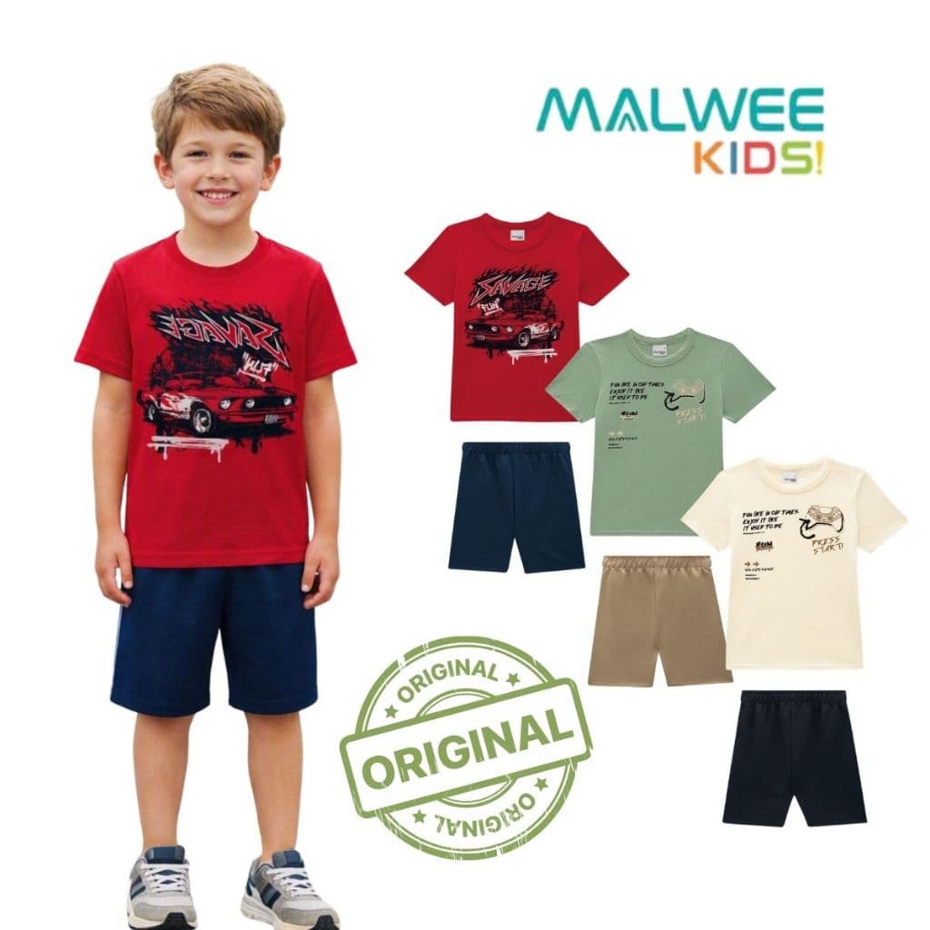 CONJUNTO CURTO INFANTIL MENINO CAMISETA ESTAMPADA SHORTS MOLETINHO MALWEE