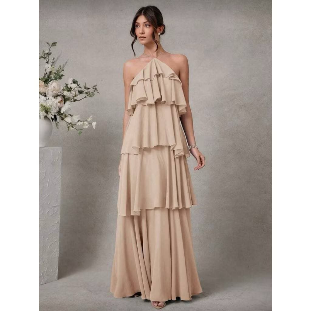 Vestido Elegante e Romântico de Convidado de Casamento Longo Maxi de Chiffon com Detalhe Franzido e Decote Halter Lindo