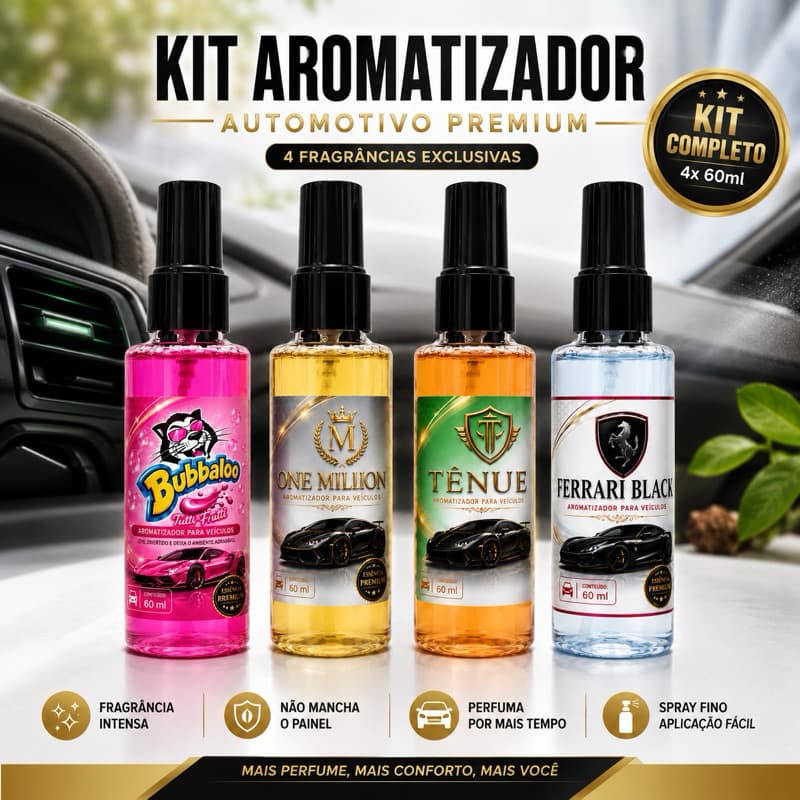 KIT 4 Aromatizador Automotivo - 4 Fragrâncias Premium 60ml Ferrari Black One Million Bubbaloo Tênue
