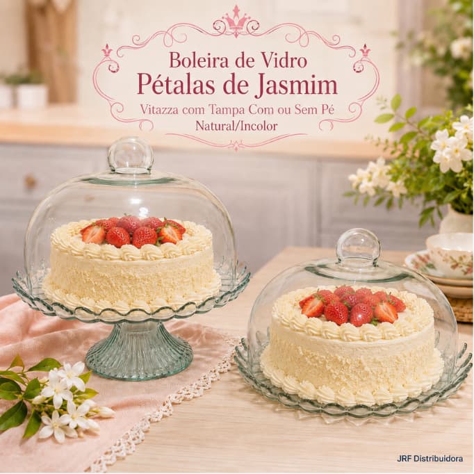 Boleira de Vidro Pétalas de Jasmim Vitazza com Tampa Com ou Sem Pé Natural/Incolor