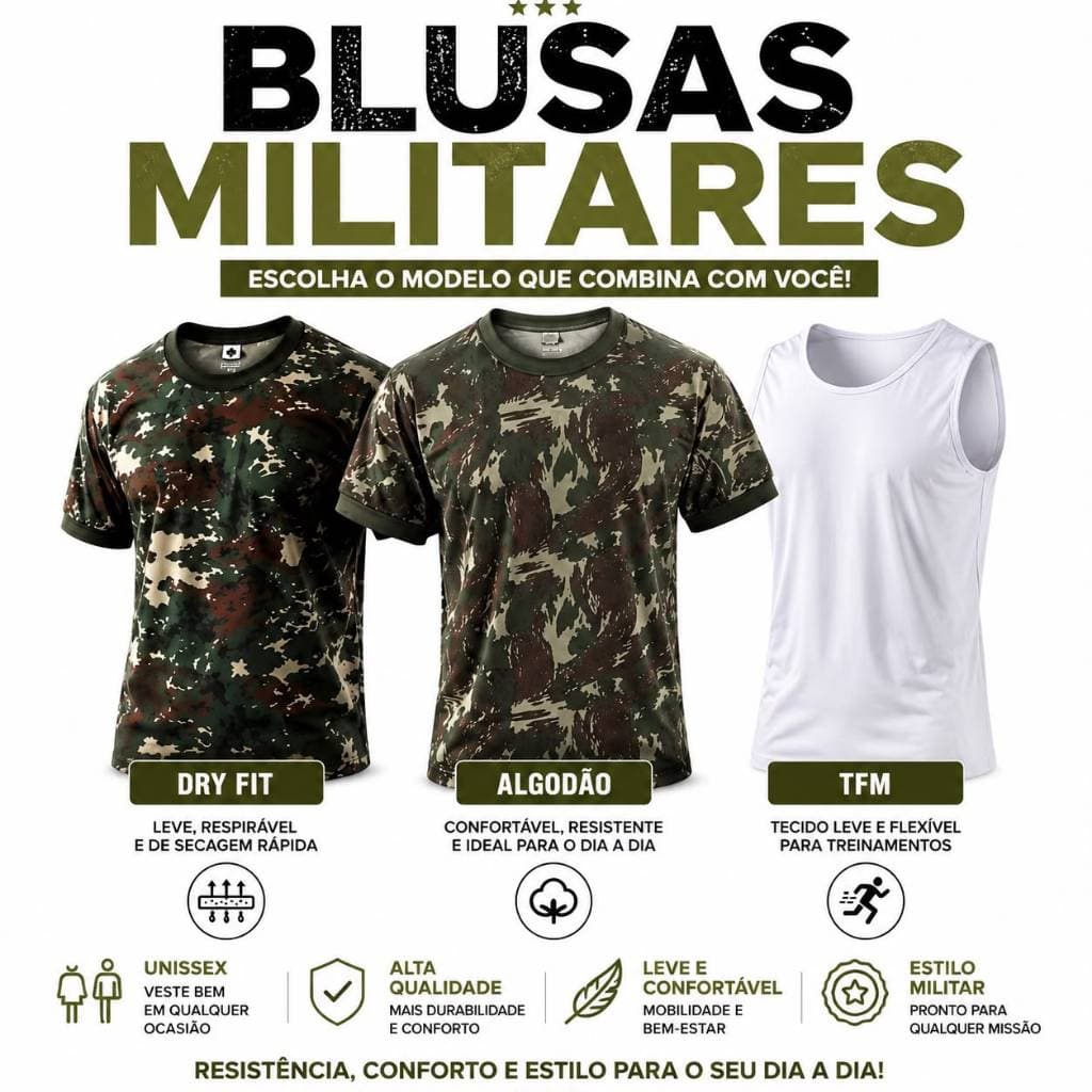 Blusa Militar Dry Fit, Algodão e TFM | Camuflada e Branca | Unissex | Escolha o Modelo