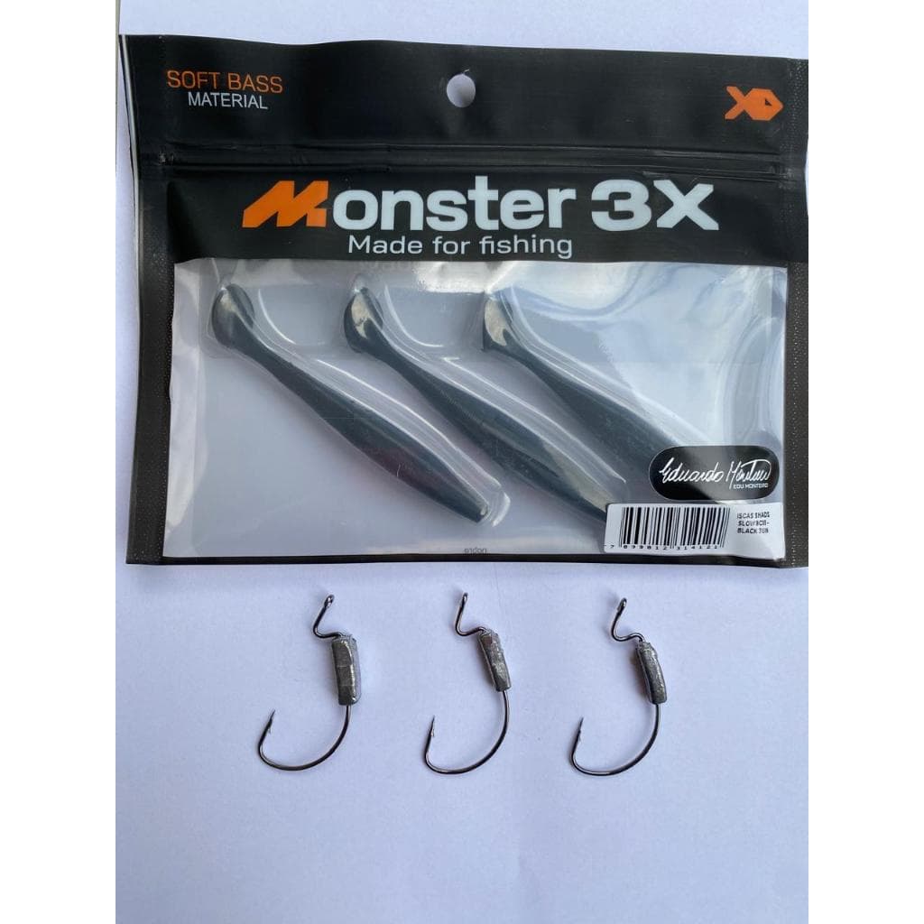 Kit Pega Peixe! Isca Slow Shad 9cm Preta Monster3x (pacote 3 unidades) + 3 Unidades de Anzol Lastreado