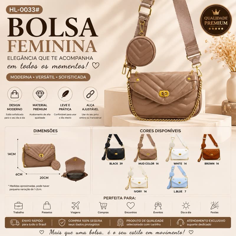 Bolsa Feminina Pequena Premium com Corrente Dourada HL0033