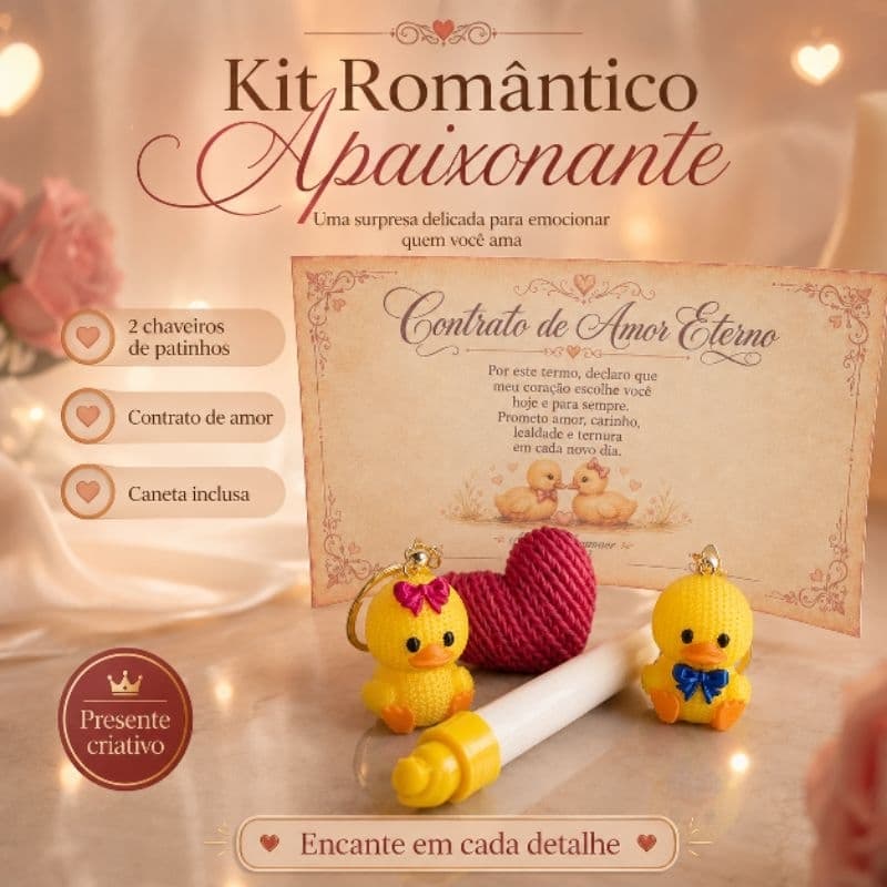 Presente Romântico para Namorado e Namorada Kit Casal Patinhos com Coração Magnético Contrato de Amor e Porta-Foto