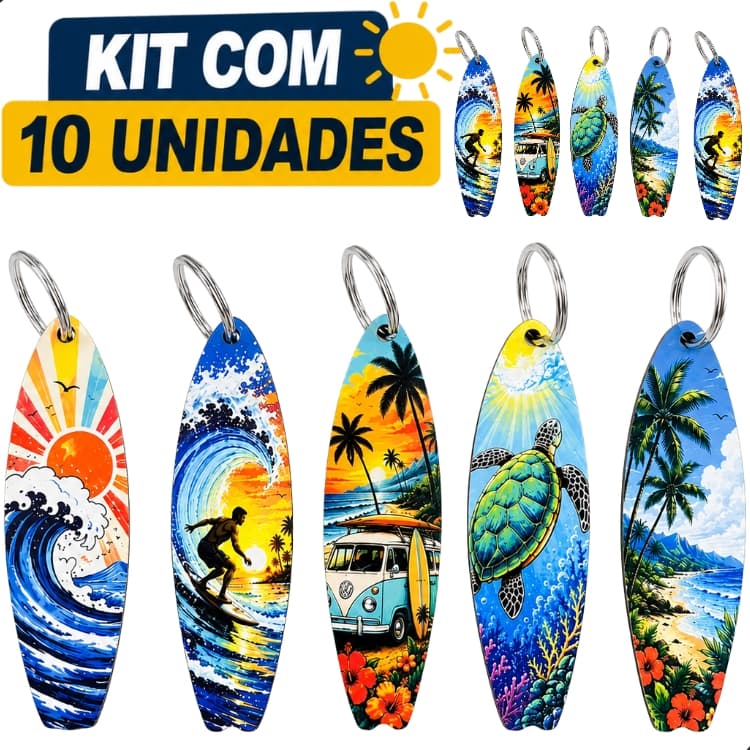 Kit 10 Chaveiros Prancha de Surf MDF 3mm Com Argola Coloridos Lembrancinha Praia Brinde Presente