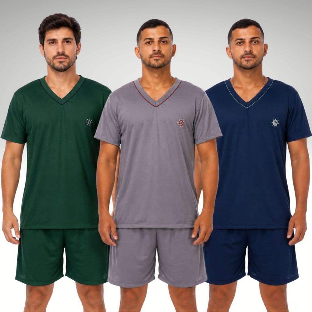 Kit 3 Pijamas Verão Masculino Adulto Liso Short Curto Manga Curta Sono e Noites Confortáveis Oferta