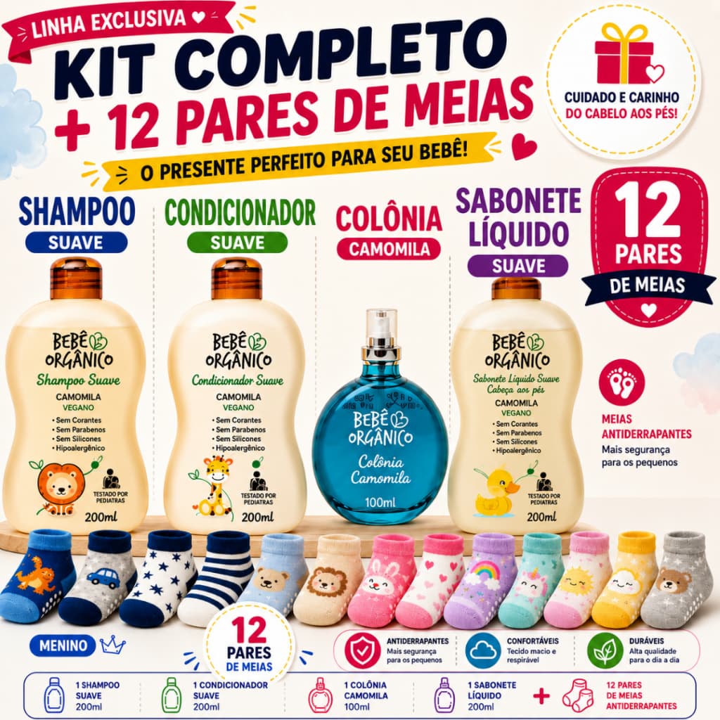 Kit Banho Bebê Shampoo Condicionador Colônia Sabonete Líquido + 12 ou 3 Pares de Meias Antiderrapantes Menina Menino