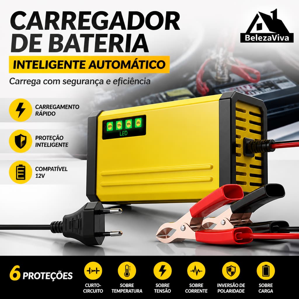 Carregador Bateria Veicular 12V 2A-3A Inteligente Para Carro Caminhão Manutenção