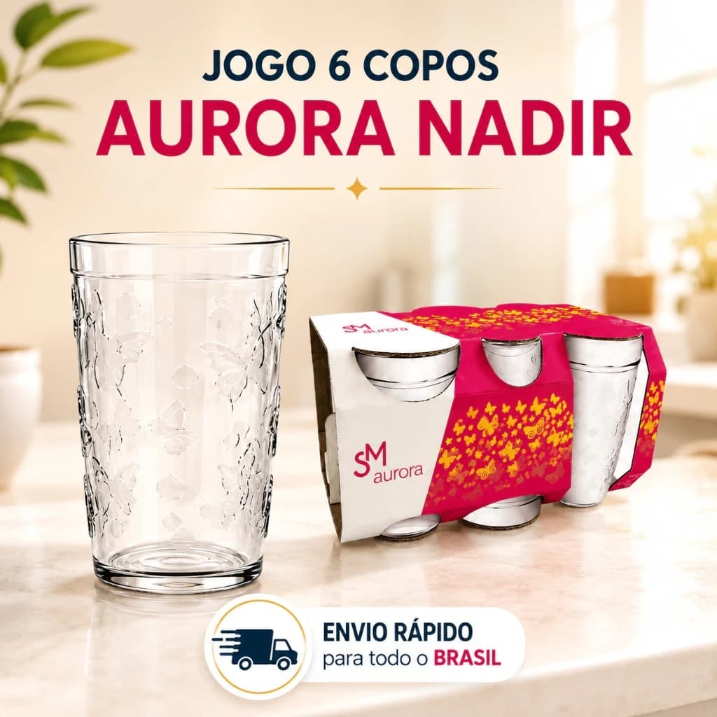 Jogo De Copos Aurora Nadir Figueiredo Vidro Grosso Resistente 270ml