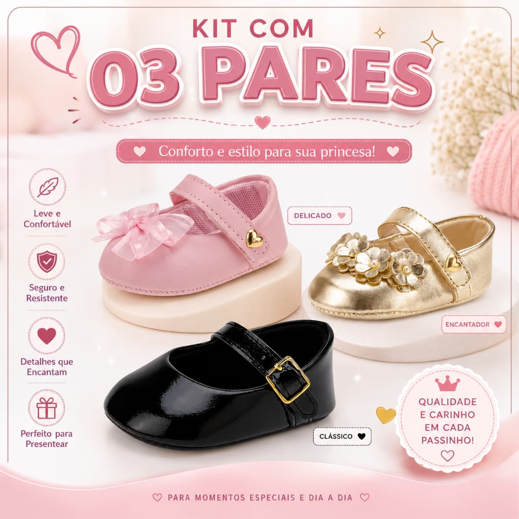 KIt sapatinho de bebê  sapatilha com 03 pares super macio uso diario e formal n° 13 ao 18
