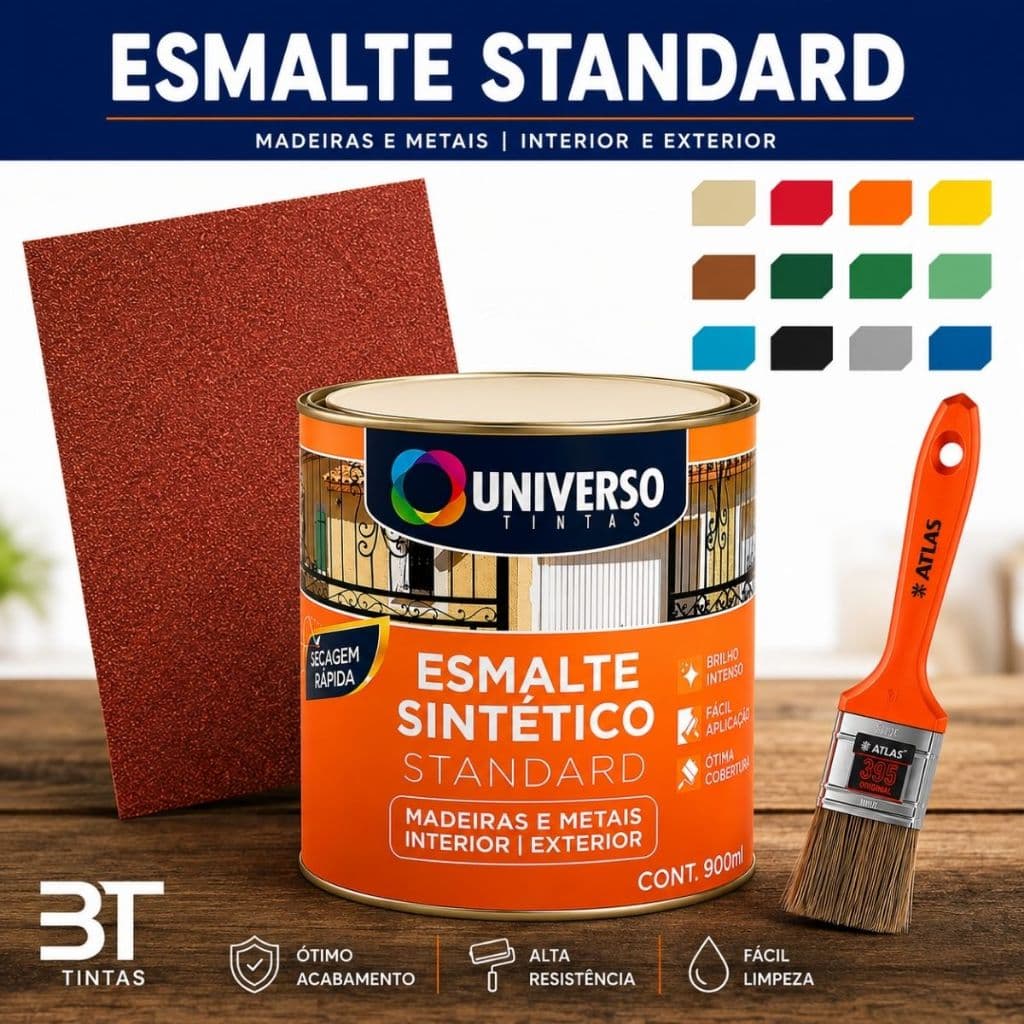 Kit Esmalte Sintético Universo 900ml + Trincha Atlas + Lixa | Madeira Ferro Metal Portão Grade