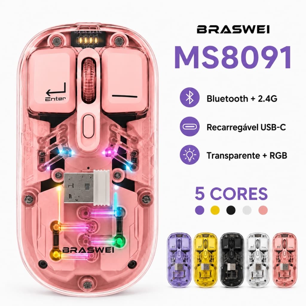 Mouse Sem Fio Transparente Bluetooth e 2,4G RGB USB-C Silencioso para Notebook MS8091 BRASWEI