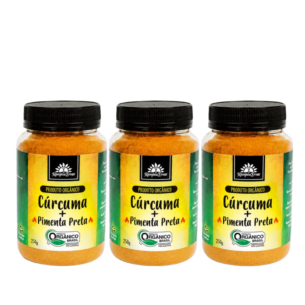 Kit 3 Cúrcuma em Pó com Pimenta Orgânica Kampo De Ervas 250g Açafrão 100% Puro Natural Veg S/ Glúten