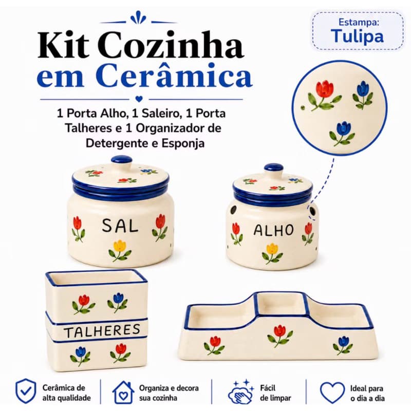 Kit 4 Peça Cozinha Cerâmica Completo Porta Alho Saleiro Porta Talheres Organizador De Pia Detergente!
