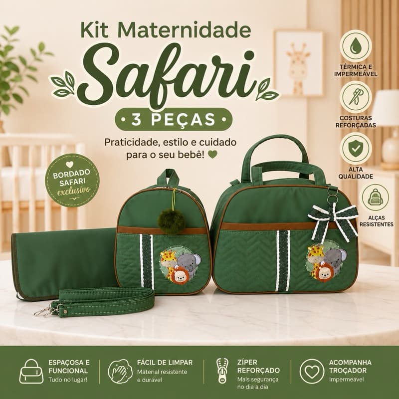 kit bolsa maternidade 3peças Safari luxo