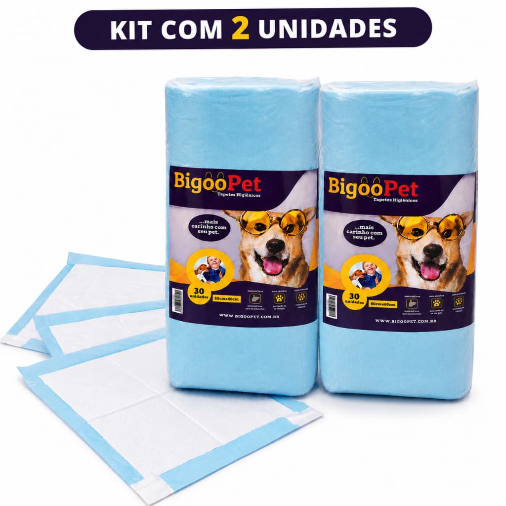 KIT COM 2 PACOTES DE TAPETE HIGIÊNICO BIGOOPET 80 X 60 CM PACOTE COM 30 UNIDADES