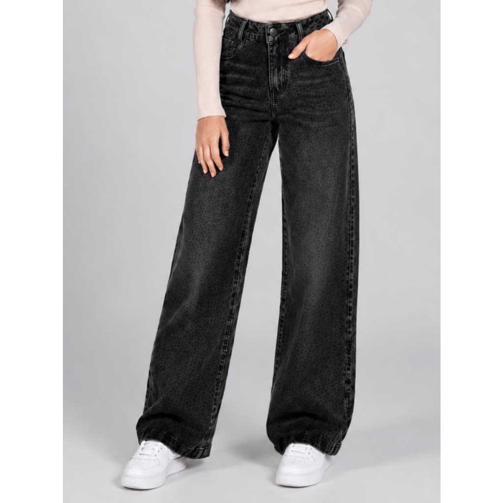 Calça Wide Leg Jeans Feminina Marmorizada Infantil Pantalona Juvenil