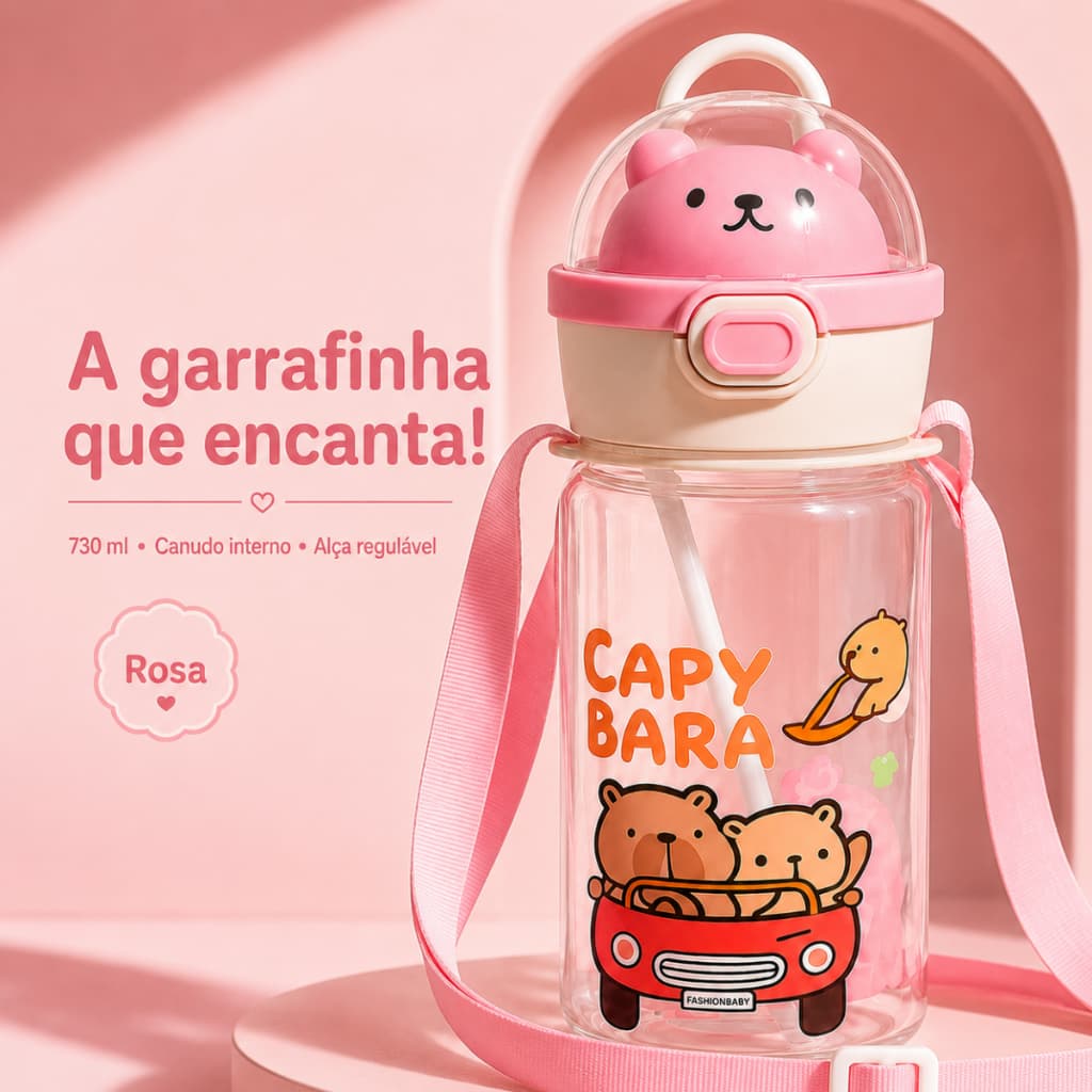 Garrafa Infantil Menina Capivara 730ml com Canudo e Alça Regulável Rosa para Escola