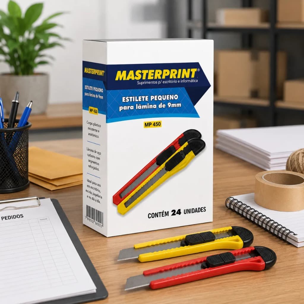 Estilete 9mm Lamina Fixa Trava Masterprint Caixa 24 Un. Coloridos