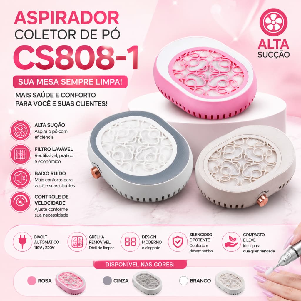 Aspirador Coletor de Pó CS808-1 Profissional 4500RPM Bivolt Manicure Estética Unhas Gel