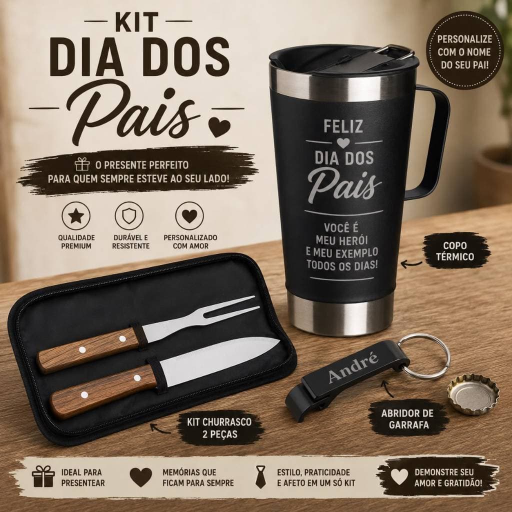Kits Churrasco Personalizado Dia dos Pais | Copo Térmico + Kit 2 Peças + Chaveiro Abridor | Gravação a Laser com Nome