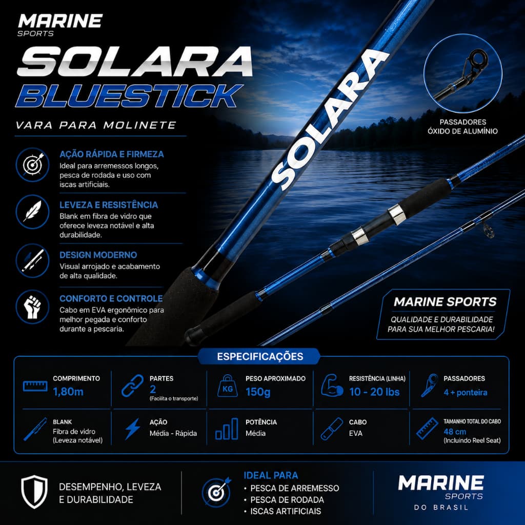 Vara Solara para Molinete Redstick/Bluestick Marine Sports para Pesca em Rio, Lagos e Mar